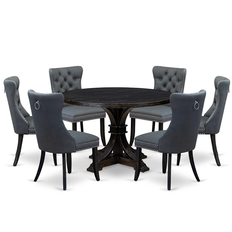 Pemberly Row 7-Piece Acacia Wood Dining Set in Sand Blasted Black