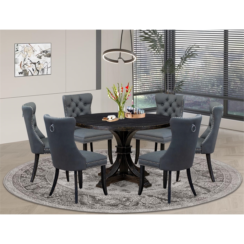 Pemberly Row 7-Piece Acacia Wood Dining Set in Sand Blasted Black