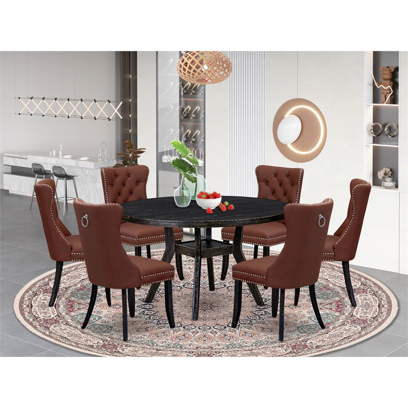 Pemberly Row 7-Piece Round Dinette Set with Black Finish and Faux Leather