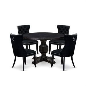 Pemberly Row 5-Piece Round Dining Set with Black Finish and Linen Chairs