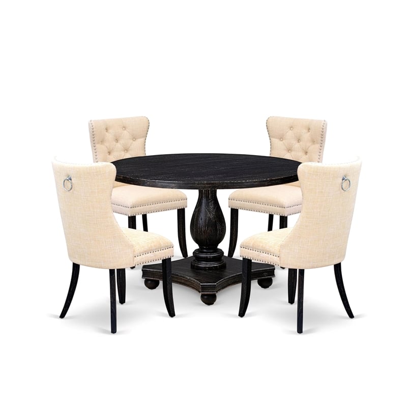 Pemberly Row 5-Piece Black Round Dining Set with Light Beige Chairs