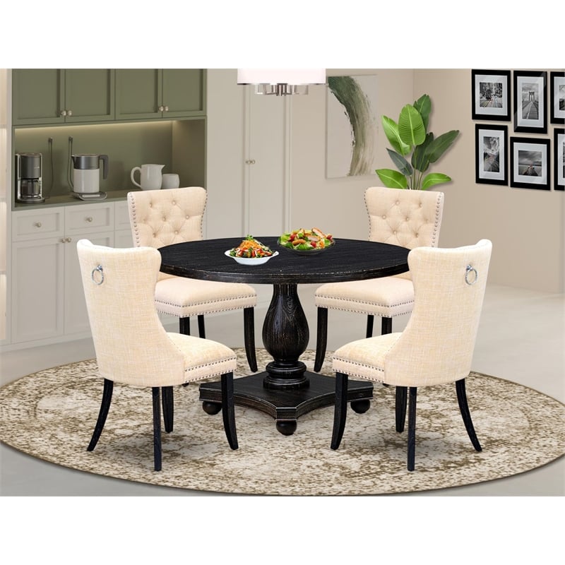 Pemberly Row 5-Piece Black Round Dining Set with Light Beige Chairs