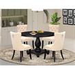Pemberly Row 5-Piece Black Round Dining Set with Light Beige Chairs