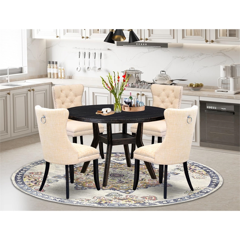 Pemberly Row 5-Piece Black Round Dining Set with Beige Linen Chairs
