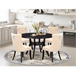Pemberly Row 5-Piece Black Round Dining Set with Beige Linen Chairs