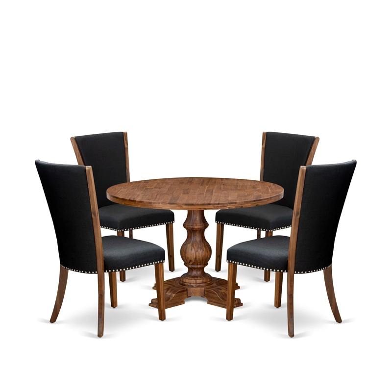 Pemberly Row 5-Piece Round Dinette Set in Walnut Finish with Linen Chairs