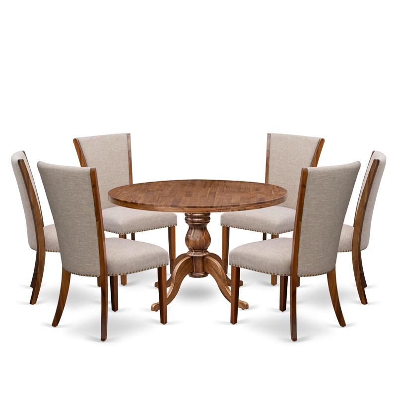 Pemberly Row 7-Piece Round Dining Set in Walnut with Upholstered Chairs