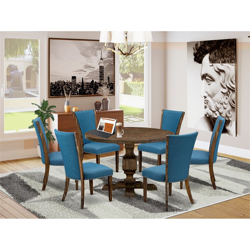Pemberly Row 7-Piece Dining Set with Distressed Jacobean & Blue Chairs