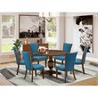 Pemberly Row 7-Piece Dining Set with Distressed Jacobean & Blue Chairs