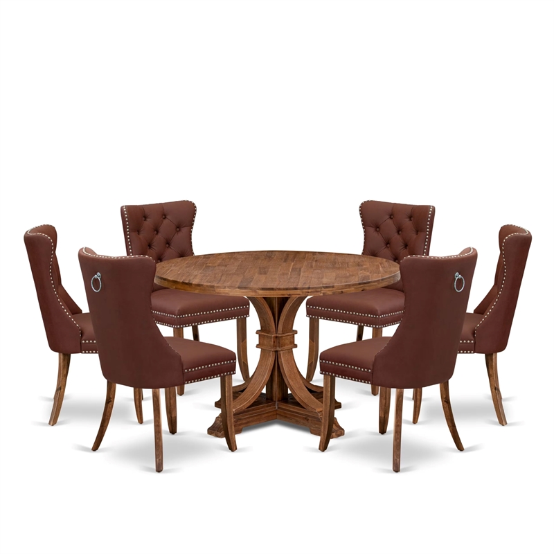 Pemberly Row 7-Piece Dining Set with Walnut Wood Table & Burgundy Chairs