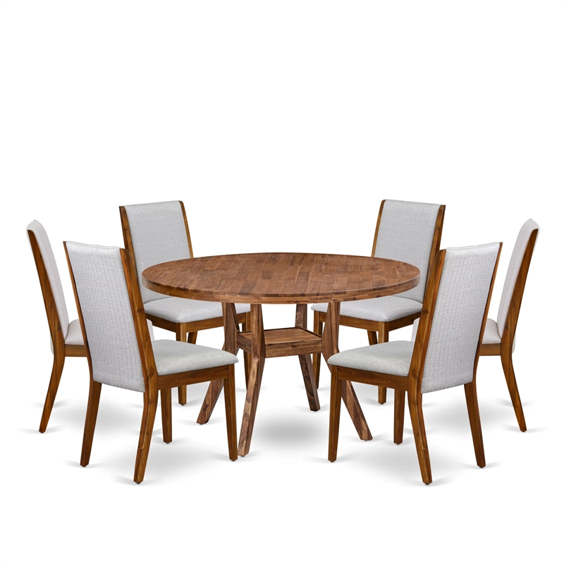 Pemberly Row 7-Piece Round Dining Set Rubberwood Gray Linen Walnut