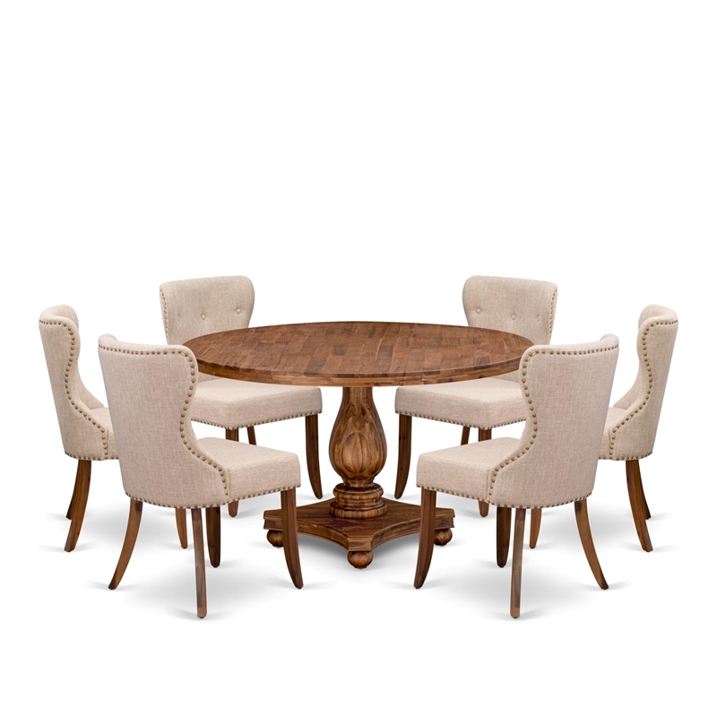 Pemberly Row 7-Piece Dining Table Set with Linen Chairs in Walnut