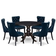 Pemberly Row 7-Piece Round Black Dining Set with Navy Upholstered Chairs