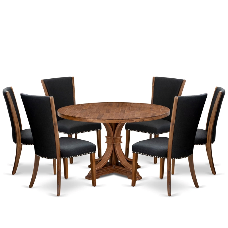 Pemberly Row 7-Piece Round Dining Set in Walnut Finish with Linen Chairs