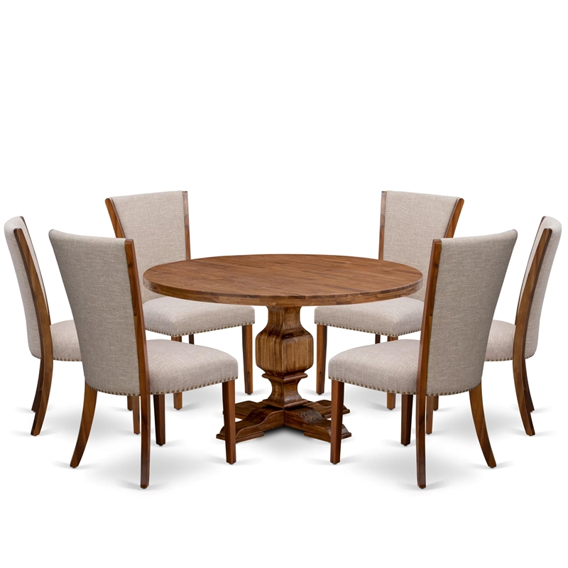 Pemberly Row 7-Piece Round Dining Set Acacia Wood Walnut Finish