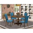 Pemberly Row 5-Piece Dining Set with Linen Chairs in Jacobean and Blue