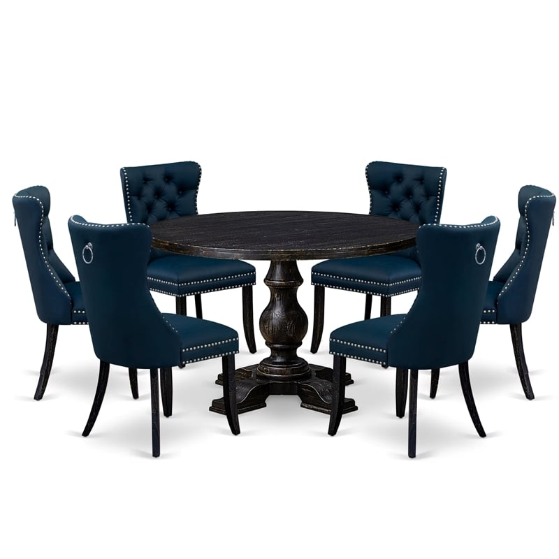 Pemberly Row 7-Piece Round Wood Dining Set with Upholstered Chairs in Black