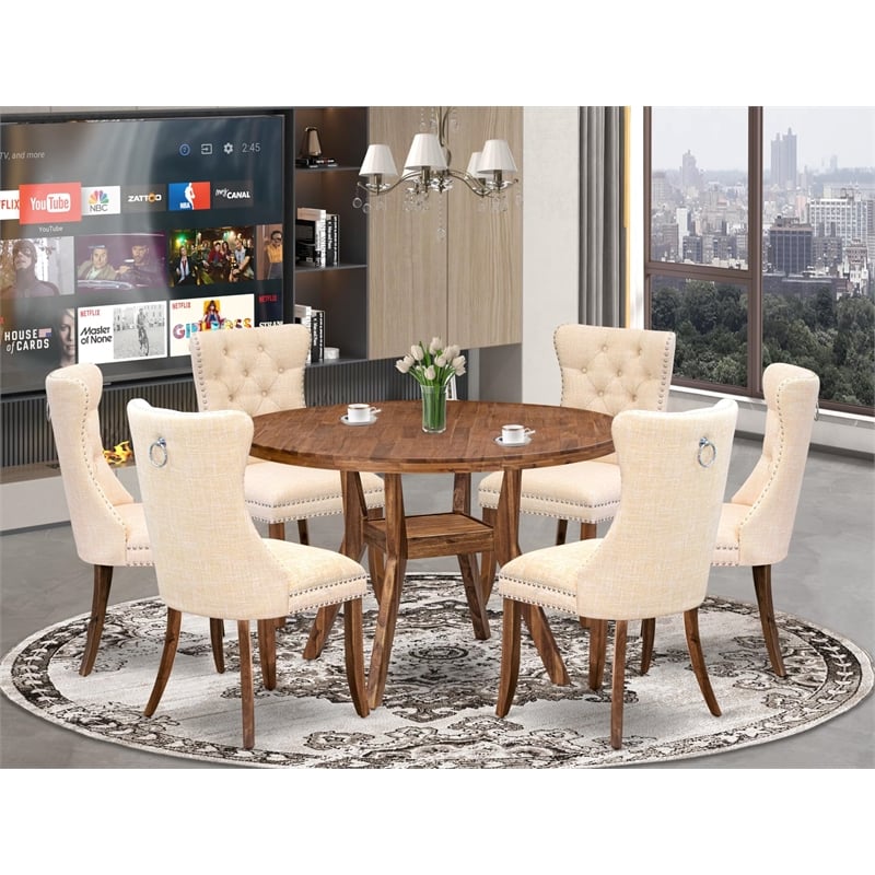 Pemberly Row 7-Piece Dining Set in Antique Walnut Rubberwood Finish