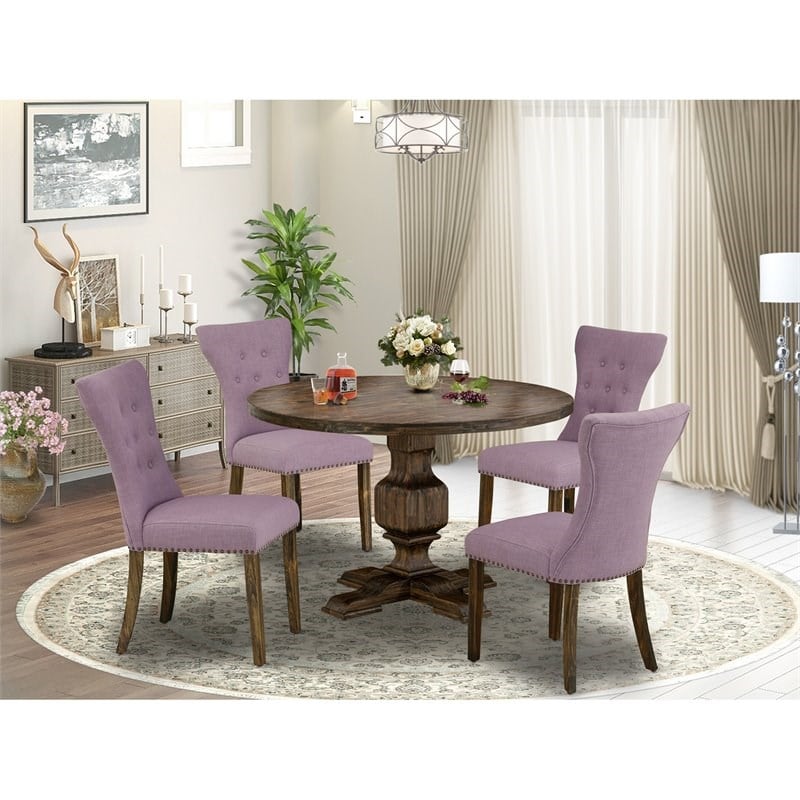 Pemberly Row 5-Piece Dining Set in Jacobean Oak with Purple Linen