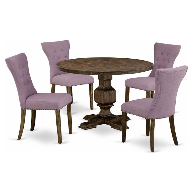 Pemberly Row 5-Piece Dining Set in Jacobean Oak with Purple Linen