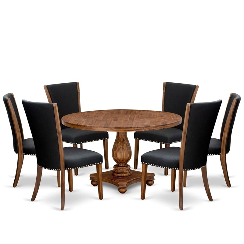 Pemberly Row 7-Piece Round Dining Set with Linen Upholstery in Walnut