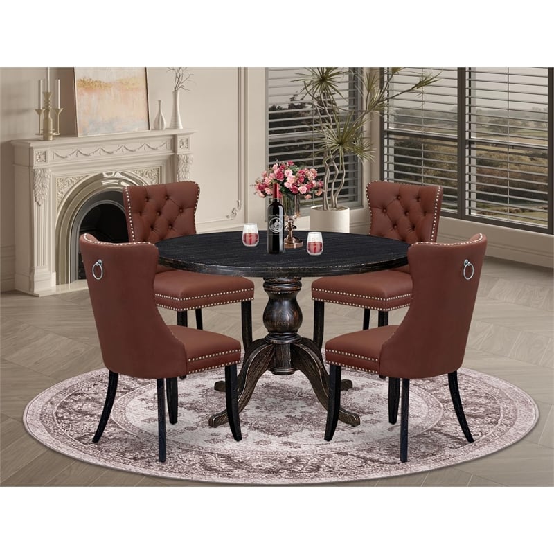 Pemberly Row 5-Piece Round Dining Table Set in Black Wood Finish
