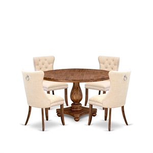 Pemberly Row 5-Piece Dining Set in Walnut Finish with Linen Chairs
