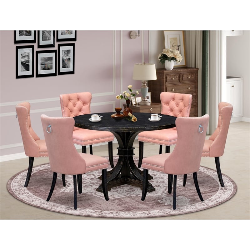 Pemberly Row 7-Piece Round Dining Set in Sand-Blasted Black Finish