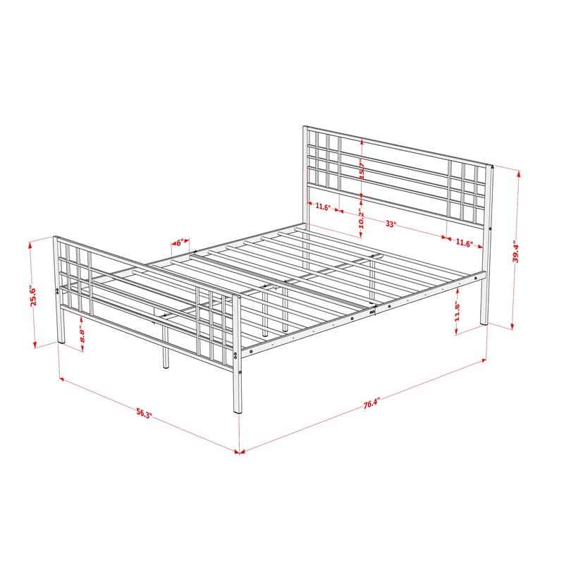 Pemberly Row Metal Full Bed Frame in Black Finish with Slats and Headboard