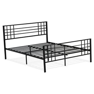 Pemberly Row Metal Full Bed Frame in Black Finish with Slats and Headboard
