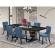 Pemberly Row 7-Piece Dining Set with Blue Linen Chairs in Black Finish