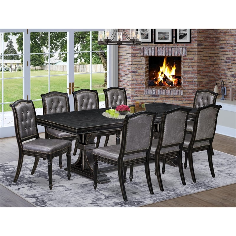 Pemberly Row 9-Piece Dining Set with Removable Leaf in Sand Blasted Black