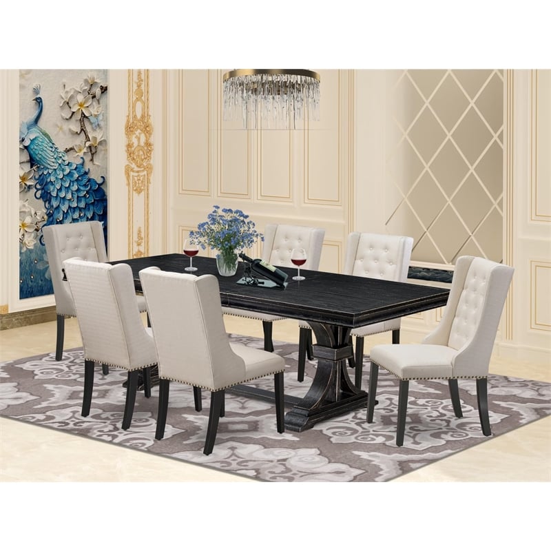 Pemberly Row 7-Piece Black Wood Dining Table Set with Cream Seats