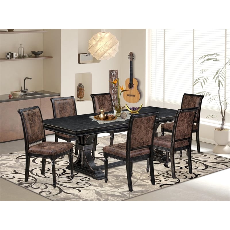 Pemberly Row 7-Piece Acacia Wood Dining Table Set in Black Finish