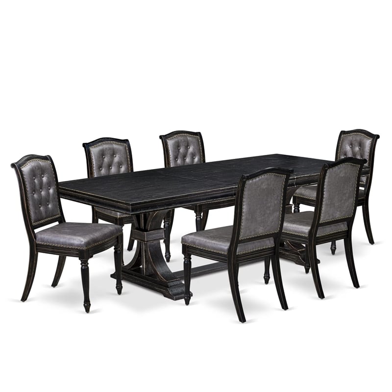 Pemberly Row 7-Piece Dining Table Set Acacia Wood Black Finish