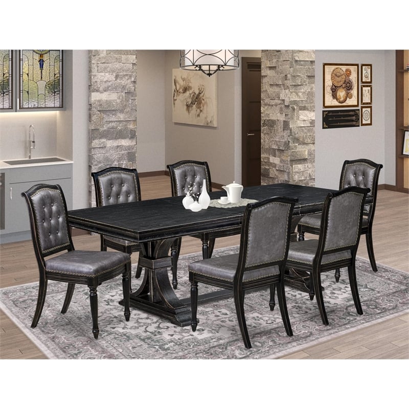 Pemberly Row 7-Piece Dining Table Set Acacia Wood Black Finish