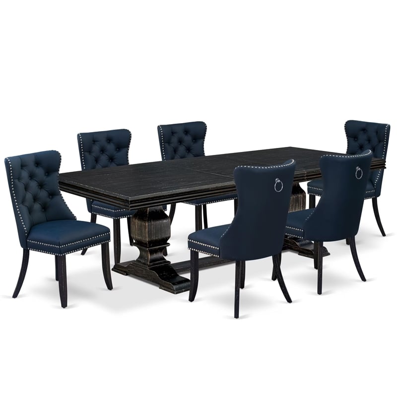 Pemberly Row 7-Piece Dining Table Set with Black Finish in Acacia Wood