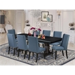 Pemberly Row 9-Piece Dining Set with Black Finish and Mineral Blue Linen