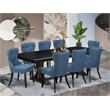 Pemberly Row 9-Piece Black Dining Set with Removable Leaf and Blue Chairs