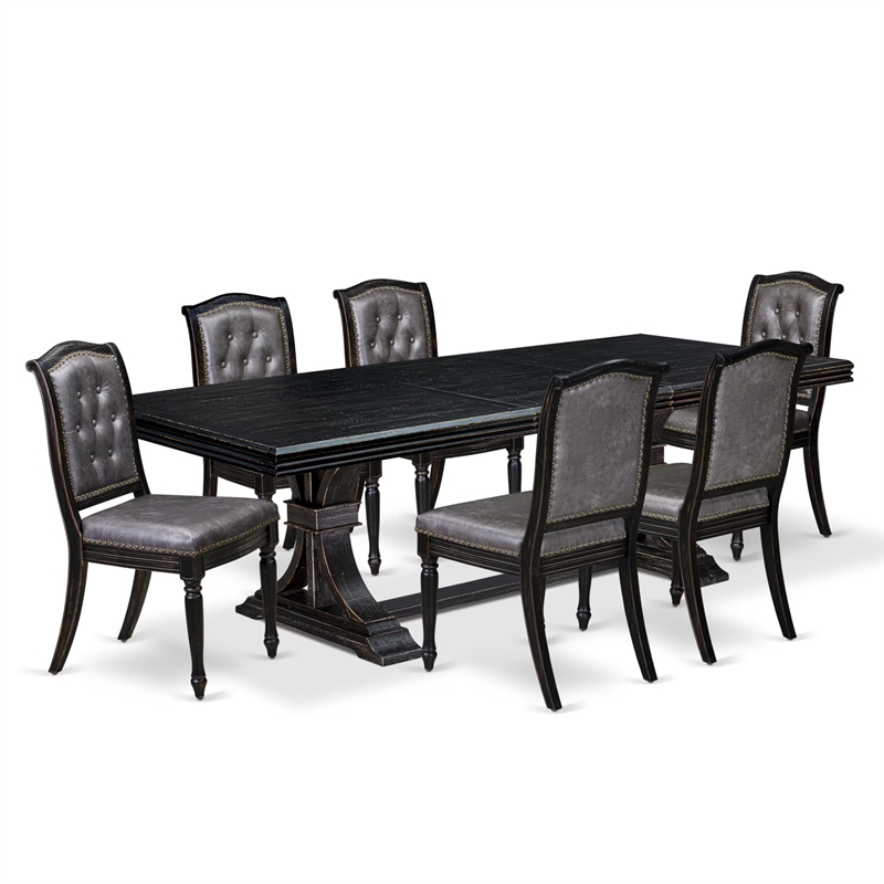 Pemberly Row 7-Piece Mid-Century Dining Set with Leather Chairs in Black