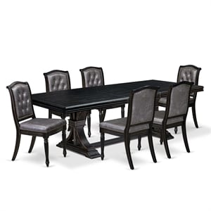 Pemberly Row 7-Piece Mid-Century Dining Set with Leather Chairs in Black