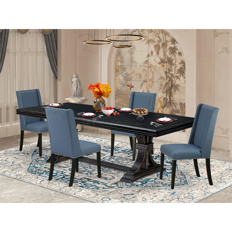 Pemberly Row 5-Piece Kitchen Dining Set in Black with Linen Chairs