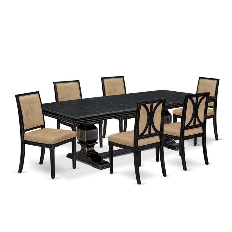 Pemberly Row 7-Pc Modern Dining Table Set in Black with Beige Upholstery