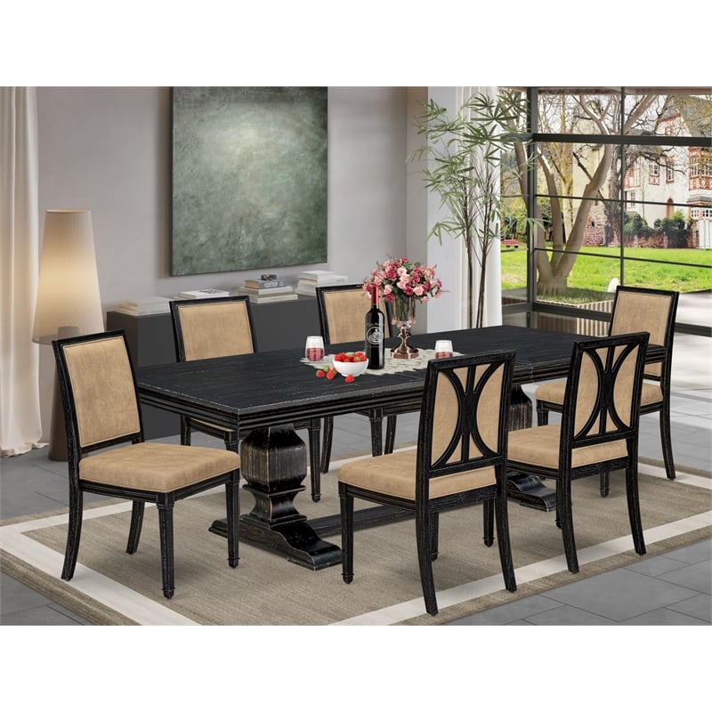 Pemberly Row 7-Pc Modern Dining Table Set in Black with Beige Upholstery