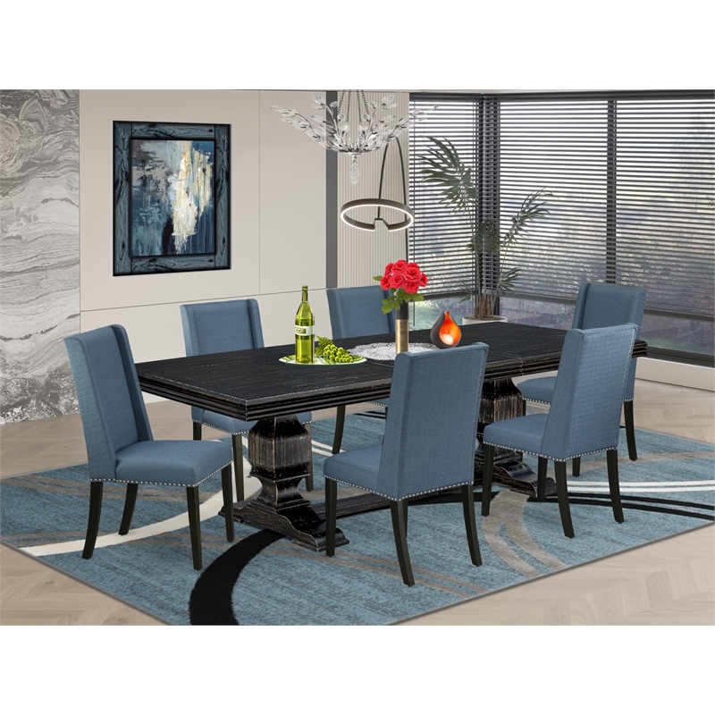 Pemberly Row 7-Piece Dining Table Set with Wood in Black Finish