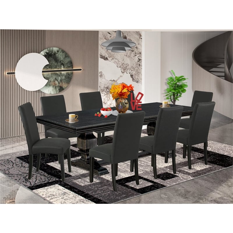 Pemberly Row 9-Piece Dining Table Set Wood Black Finish with Removable Leaf