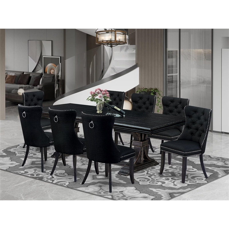 Pemberly Row 9-Piece Dining Table Set with Wood Black Removable Leaf Top