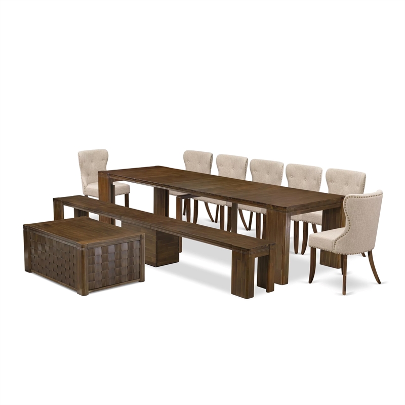 Pemberly Row 10-Piece Extendable Acacia Wood Dining Set in Walnut Finish