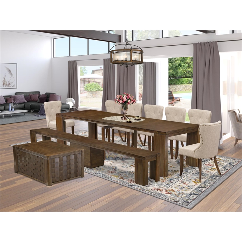 Pemberly Row 10-Piece Extendable Acacia Wood Dining Set in Walnut Finish