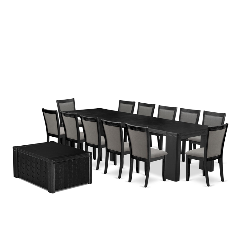 Pemberly Row 14-Piece Dining Table Set in Wire-Brushed Black Finish